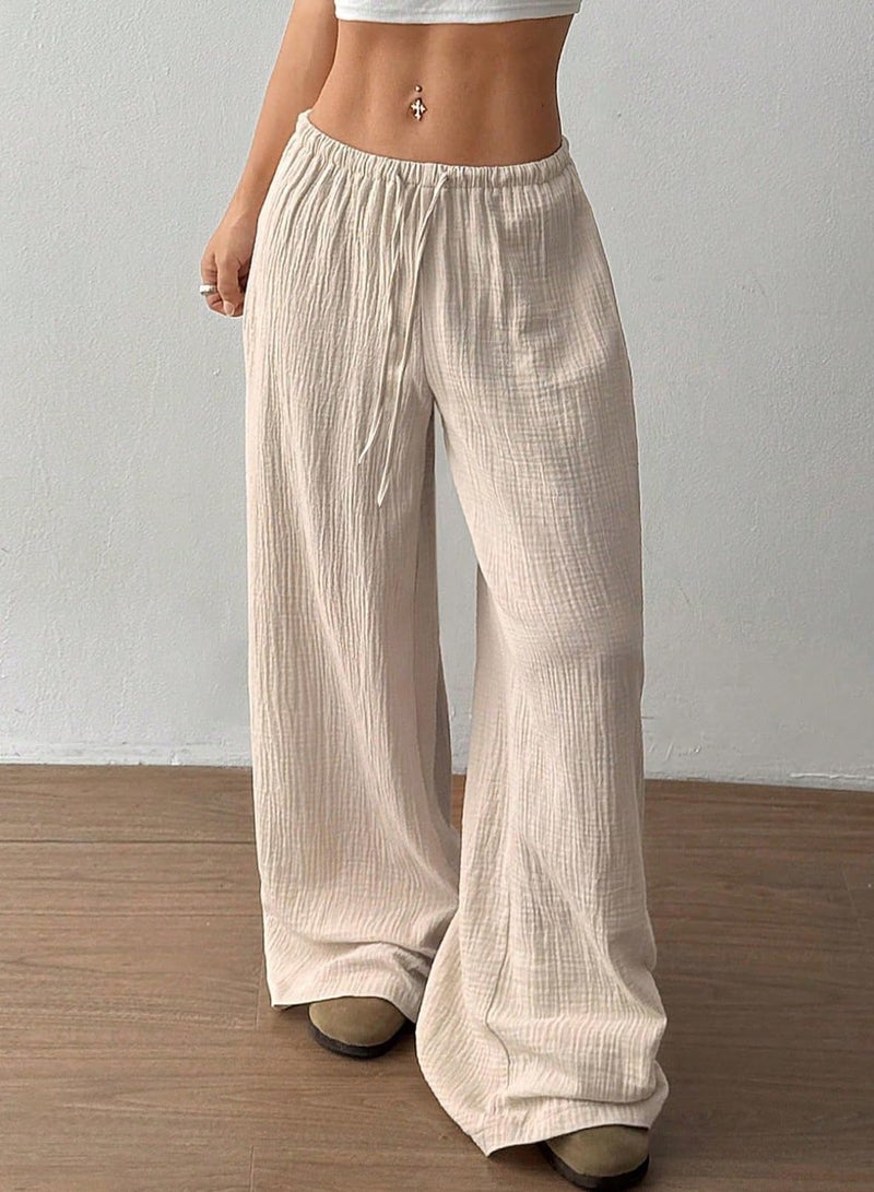 Acelitt Womenâ€™s Wide Leg Palazzo Pants Drawstring Elastic Waist Casual Loose Lounge Pants Beach Trousers Vacation Outfits for Women Beige Large - Image 3