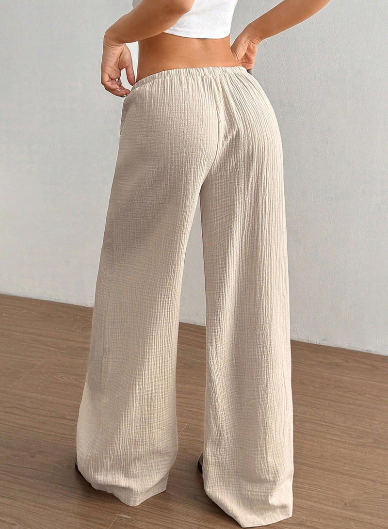 Acelitt Womenâ€™s Wide Leg Palazzo Pants Drawstring Elastic Waist Casual Loose Lounge Pants Beach Trousers Vacation Outfits for Women Beige Large - Image 4