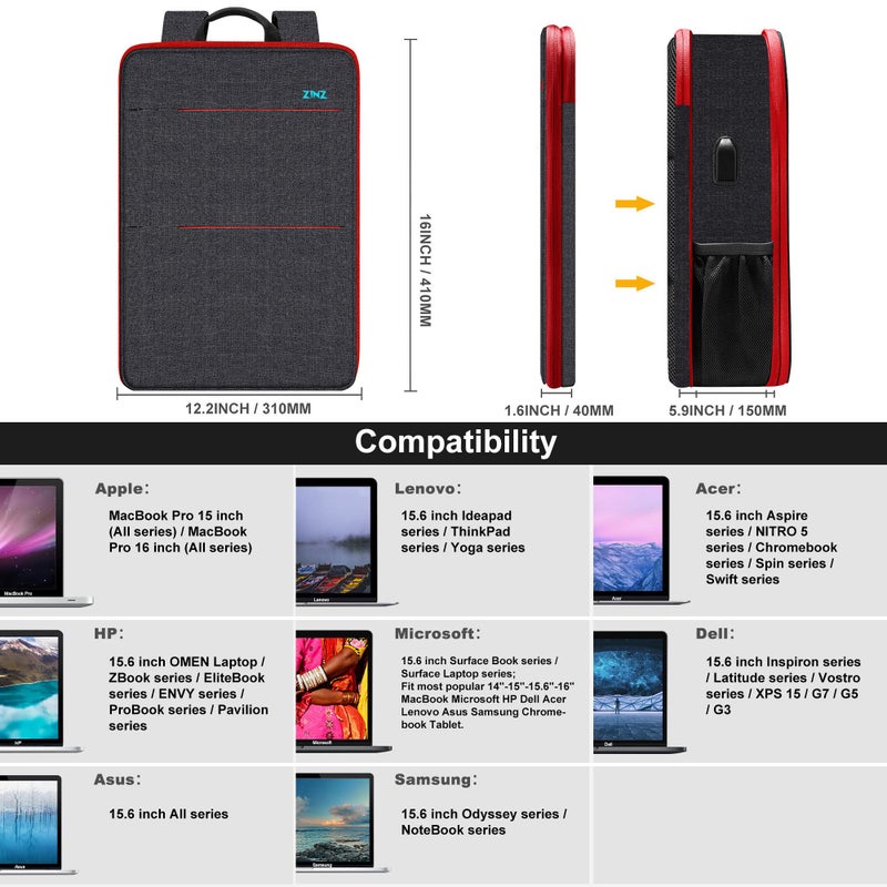ZINZ Slim & Expandable Laptop Backpack 15 15.6 16 Inch Case, Water Resistant Travel Backpack Compatible with MacBook Pro/Neo 16" 15", Dell XPS 15 16 and Most 15" 15.6" 16" Notebooksï¼ŒB01RD01 - Image 2