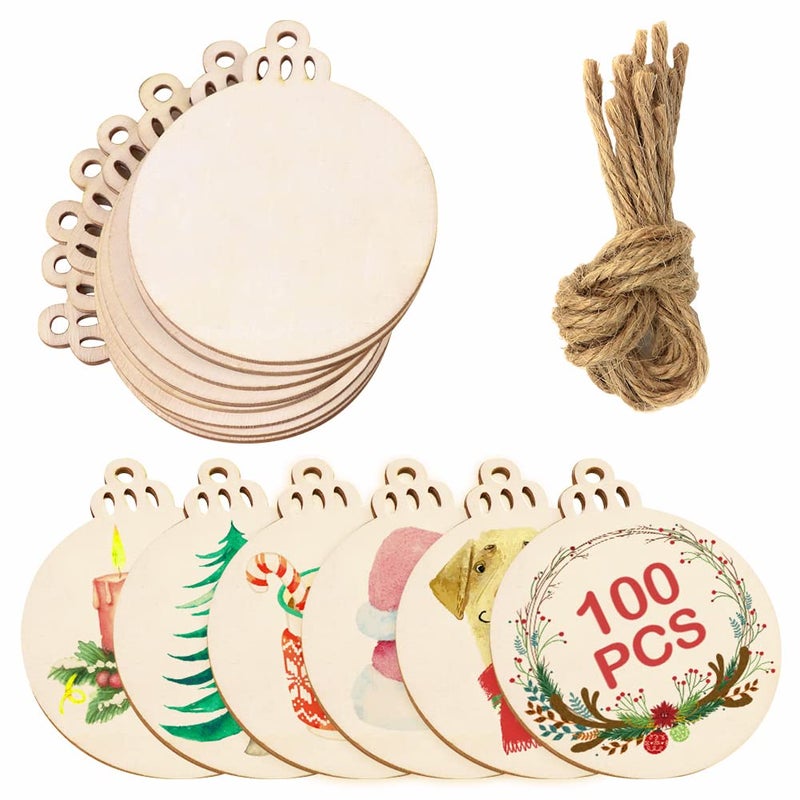 OurWarm 100pcs Natural Wood Slices 35inch DIY Wooden Christmas Ornaments Unfinished Predrilled Wood Circles for Crafts Centerpieces Holiday Hanging Decorations