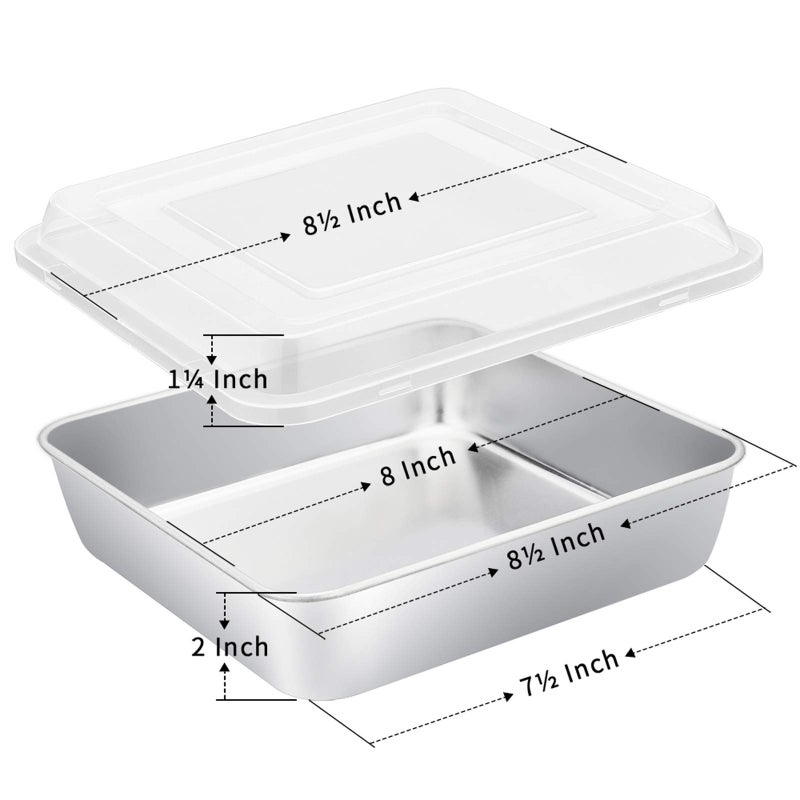 E-far 8 x 8-Inch Square Baking Pan with Lid, Stainless Steel Square Cake Brownie Pan, Fit for Toaster Oven, Non-toxic & Healthy, Easy Storage & Dishwasher Safe - 2 Pieces - Image 2