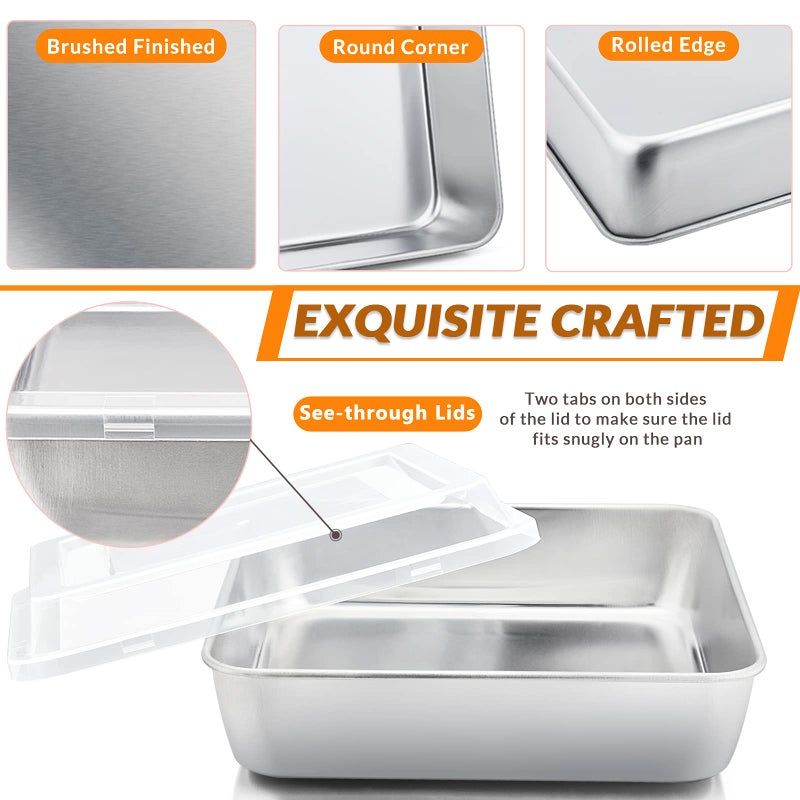 E-far 8 x 8-Inch Square Baking Pan with Lid, Stainless Steel Square Cake Brownie Pan, Fit for Toaster Oven, Non-toxic & Healthy, Easy Storage & Dishwasher Safe - 2 Pieces - Image 3