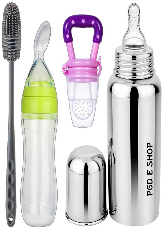 PGD Baby Feeding Combo Set Premium Steel Feeding Bottle, Silicone Baby Food Fruit Feeder Nibbler 10ml & Food Feeder Spoon 90ml with Long Handle Cleaning Brush (300ml Comprehensive Feeding Bottle Combo Set) - Image 1