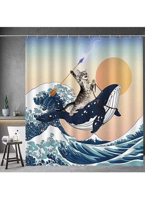 Funny Shower Curtain Brave Cat Holding A Trident Arrow Riding A Shark In The Waves Whale Cat Shower Curtain Set Bathroom Outfit