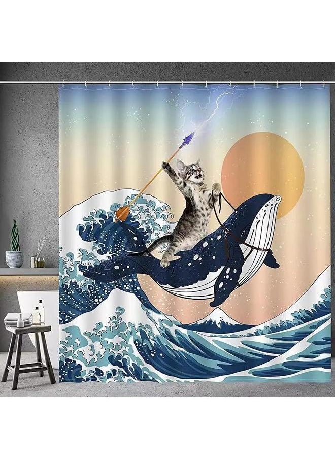 Bluejw - Funny Shower Curtain Brave Cat Holding A Trident Arrow Riding A Shark In The Waves Whale Cat Shower Curtain Set Bathroom Outfit - Image 1