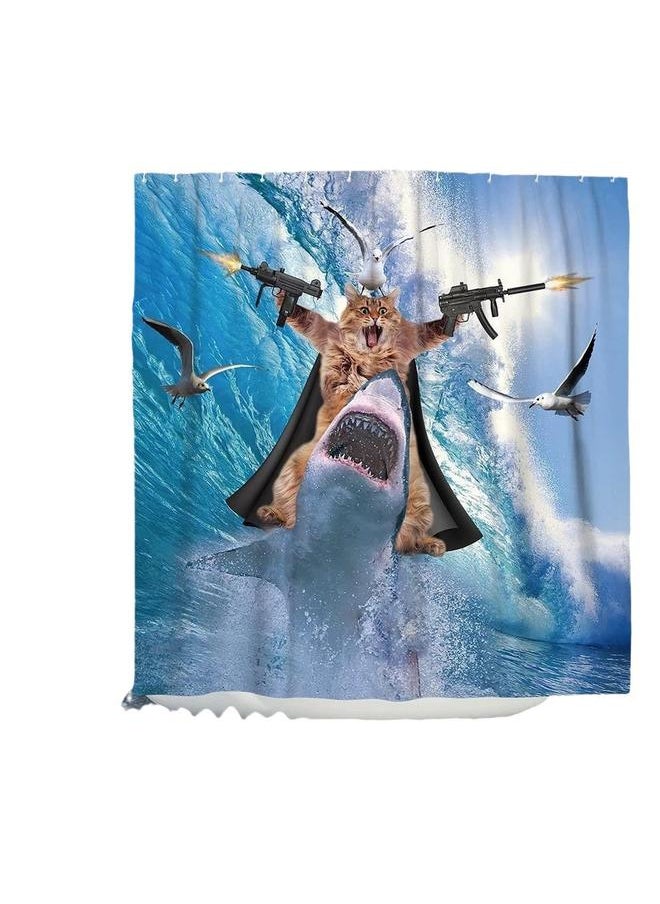 Bluejw - Funny Shower Curtain Brave Cat Holding A Trident Arrow Riding A Shark In The Waves Whale Cat Shower Curtain Set Bathroom Outfit - Image 1