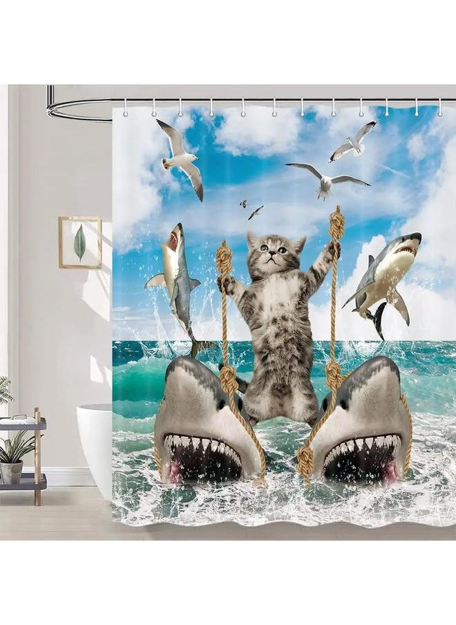 Bluejw - Funny Shower Curtain Brave Cat Holding A Trident Arrow Riding A Shark In The Waves Whale Cat Shower Curtain Set Bathroom Outfit - Image 1