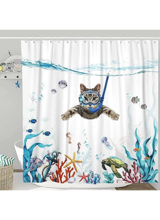 Bluejw - Funny Shower Curtain Brave Cat Holding A Trident Arrow Riding A Shark In The Waves Whale Cat Shower Curtain Set Bathroom Outfit - Image 1