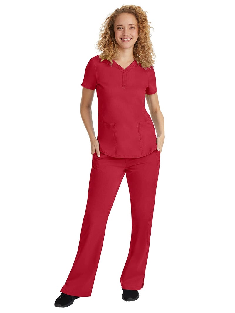 Healing Hands Women's Y-Neck Scrub Top with 2 Pockets, Knit Details, Shirttail Hem, and 2-Way Stretch Fabric 2167, X-Large, Red - Image 3