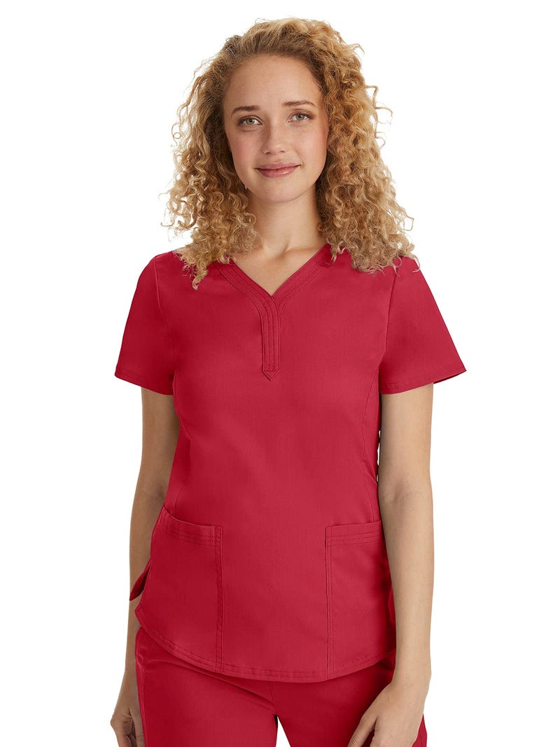 Healing Hands Women's Y-Neck Scrub Top with 2 Pockets, Knit Details, Shirttail Hem, and 2-Way Stretch Fabric 2167, X-Large, Red - Image 1