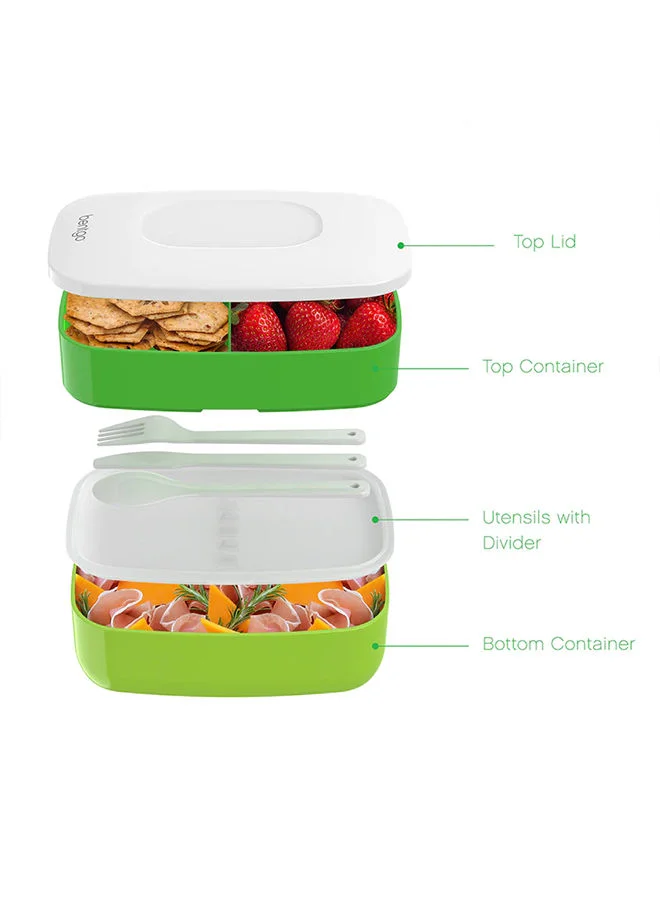 بنتجو Classic - Adult Bento Box, All- In -One Stackable Lunch Box Container With 3 Compartments, Plastic Utensils, And Nylon Sealing Strap, Bpa Free Food Container - Green