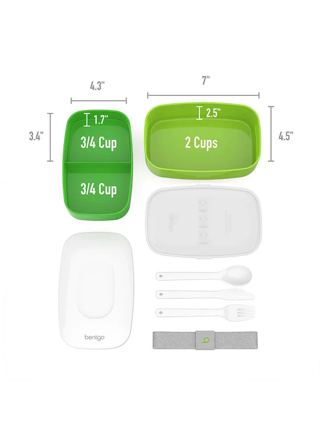 بنتجو Classic - Adult Bento Box, All- In -One Stackable Lunch Box Container With 3 Compartments, Plastic Utensils, And Nylon Sealing Strap, Bpa Free Food Container - Green