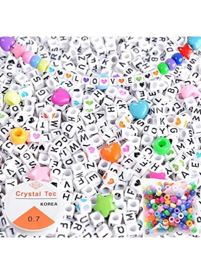 1050 PCS White Letter Beads for Bracelets Jewelry Making Square Alphabet Beads Kit Include Acrylic A-Z Beads Pony Beads Heart Star Beads and Elastic Strings - Image 1