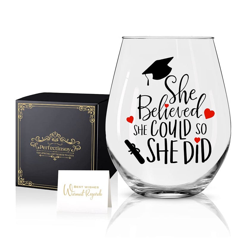 Perfectinsoy She Believed She Could She Did Wine Glass  Gift Box  Inspirational  Congratulations Gifts for Women College  New Job Gifts