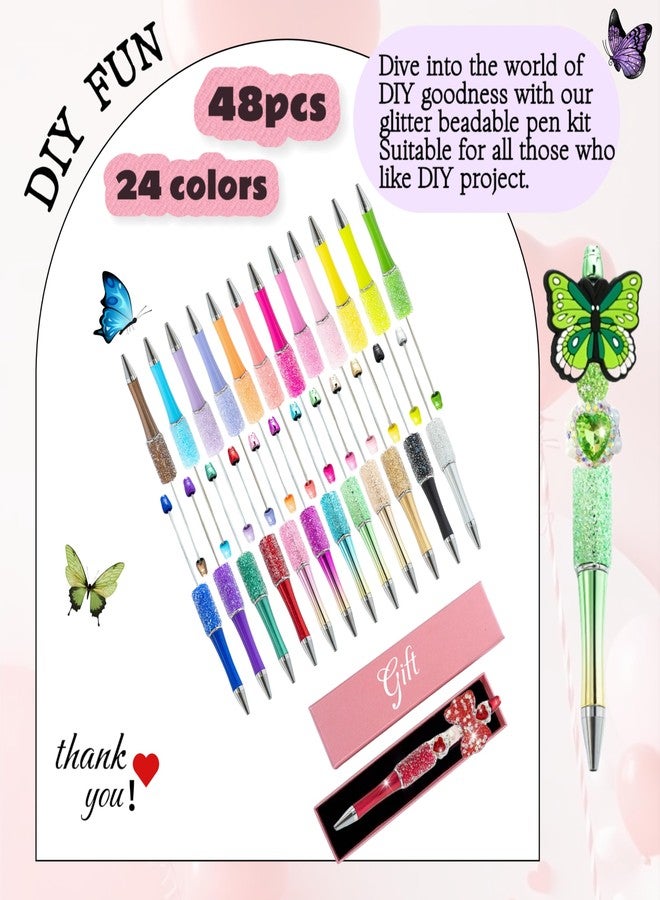 KUNHEHO Beadable Pen Bulk 48Pcs Glitter Pens for Women Sparkly Rhinestones Fancy Pens Tween Girls Trendy Stuffs Cute Pens Kawaii School Supplies for Girls Teachers Office - Image 5