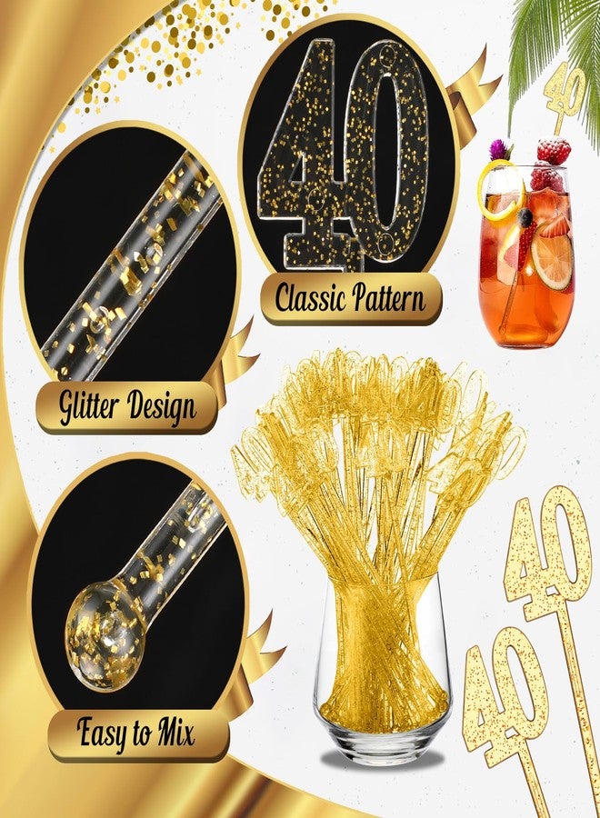 Reallnaive 100 Pcs 40th Birthday Drink Stirrers Gold Glitter Cocktail Stirrers Plastic Swizzle Sticks 7.5 Inch Fall Birthday Cupcake Toppers Sticks Bulk for Coffee Bar Cake Pops Christmas Party Favor - Image 2