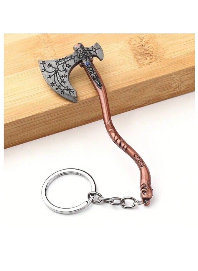 Generic A keychain in the shape of a warrior's axe, made of iron alloy, plated in a copper color, decorated and studded with blue rhinestones.  - Image 2