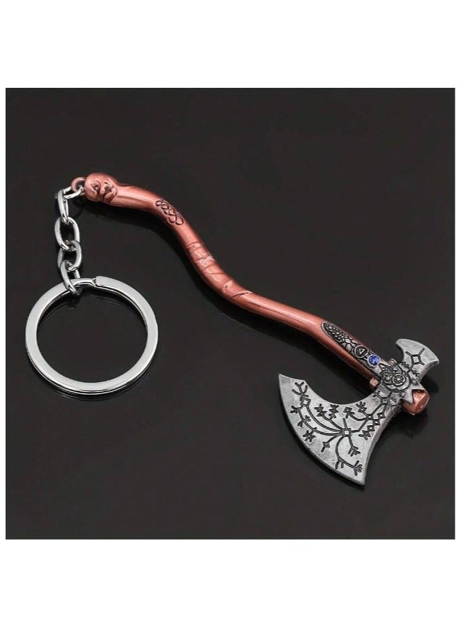 Generic A keychain in the shape of a warrior's axe, made of iron alloy, plated in a copper color, decorated and studded with blue rhinestones.  - Image 4