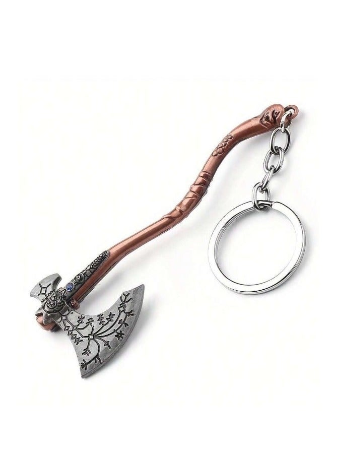 Generic A keychain in the shape of a warrior's axe, made of iron alloy, plated in a copper color, decorated and studded with blue rhinestones.  - Image 3