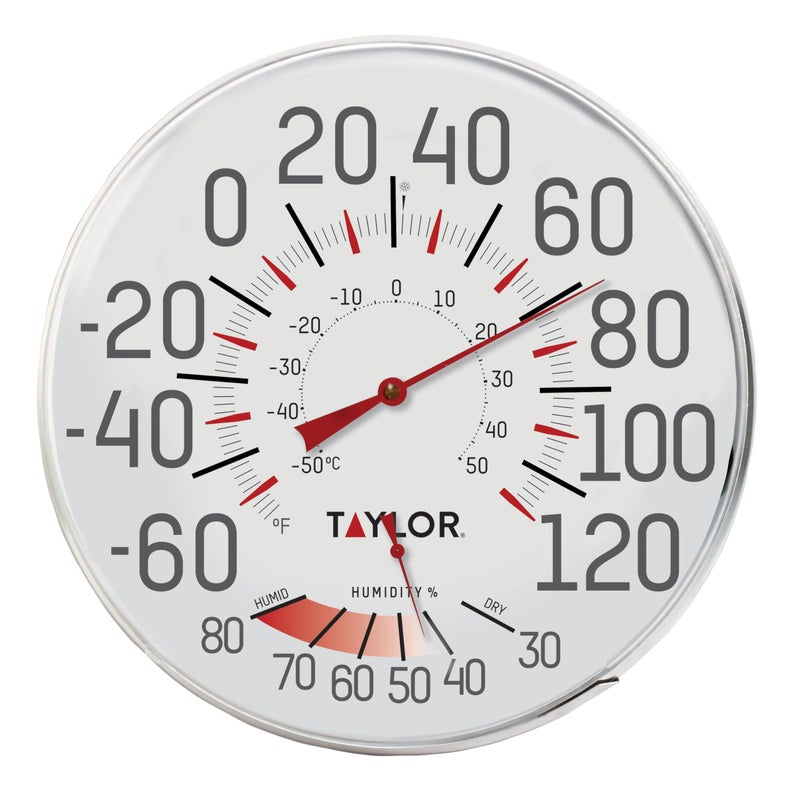 Taylor Taylor Metal Wall Indoor Outdoor Thermometer and Hygrometer Easy to Read Numbers for Patio Pool and Indoor Areas 12 inch White