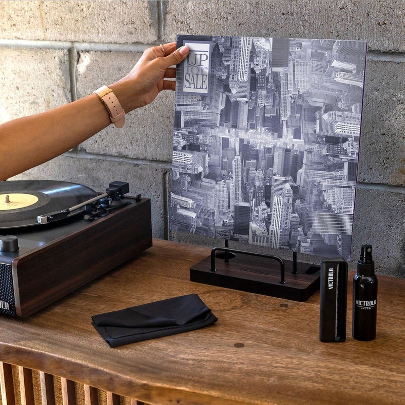 Victrola The Kit â€“ Vinyl Cleaning Kit â€“ Doubles as a Record Stand, Includes Anti-Static Brush, Cleaning Solution, & Cloth, No-Tool Easy Assembly, Black Metal Accents (Espresso) - Image 5