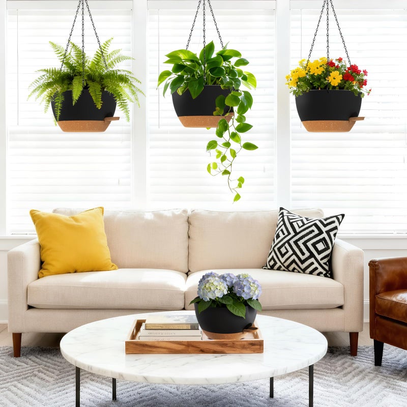 UOUZ Set of 3-10 Inch Self Watering Hanging Planters for Indoor Outdoorï¼ŒHanging Plant Pots with Drainage & Removable Tray, Hanging Pots Holder for Ivy, Pothos, Ferns, Balcony & Patio, Black with Brown - Image 3