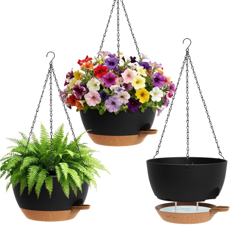 UOUZ Set of 3-10 Inch Self Watering Hanging Planters for Indoor Outdoorï¼ŒHanging Plant Pots with Drainage & Removable Tray, Hanging Pots Holder for Ivy, Pothos, Ferns, Balcony & Patio, Black with Brown - Image 1
