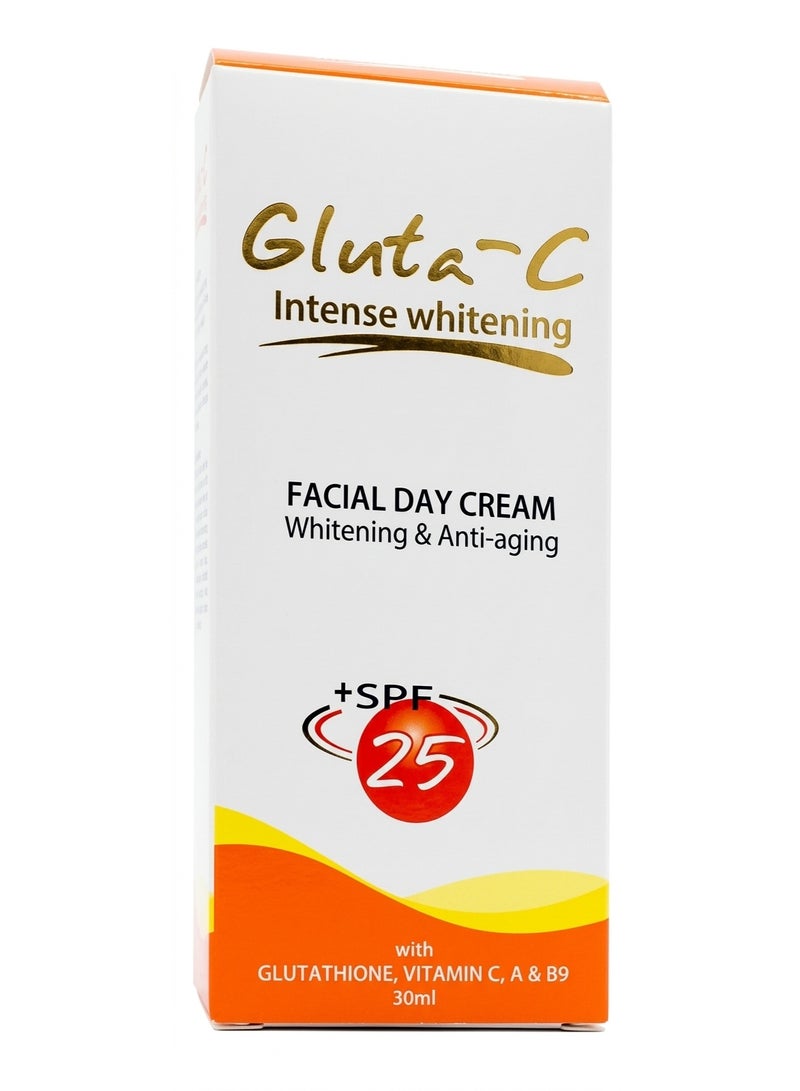 Intense Whitening Facial Day Cream with SPF 25 - Anti-Aging Cream with Gluta, Vitamin C, A & B9 - 30ml