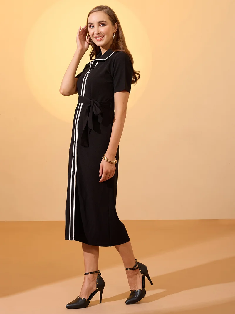 globus Globus Women Black Collared Neck Short Sleeves Belted Midi Shirt Style Workwear Dress
