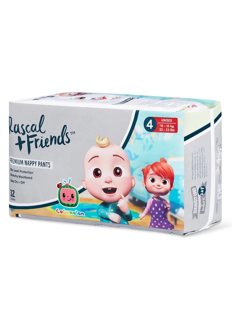 Rascal + Friends - Cocomelon Training Pants, Toddler Size 4 (10-15 kg) (22-33 lbs.)(Pack Of 32) Kids Nappy Pants 12 Hr Leak Protection Stretchy Waistband Dermatologically Certified - Image 1