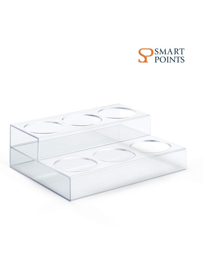 "سمارت بوينتس  " ستاند عرض زجاجات من الأكريليك الشفاف بطبقتين – حامل 6 فتحات للزجاجات (عصائر، قهوة، نبيذ، زيوت) – منظم سطح للمطبخ أو الكافيه أو البار المنزلي – 30×24×10 سم - Image 1