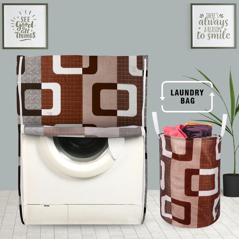 E-Retailer ERetailer Exclusive Polyester Combo Set of 1 Pc Front Load Washing Machine Cover and 1 Pc Foldable Laundry BagColorBrown Geometric Set Contains2 Pcs  - Image 1