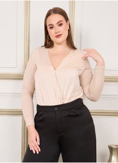 Styli Plus Satin Long Sleeve V Neck Bodysuit  - Image 2
