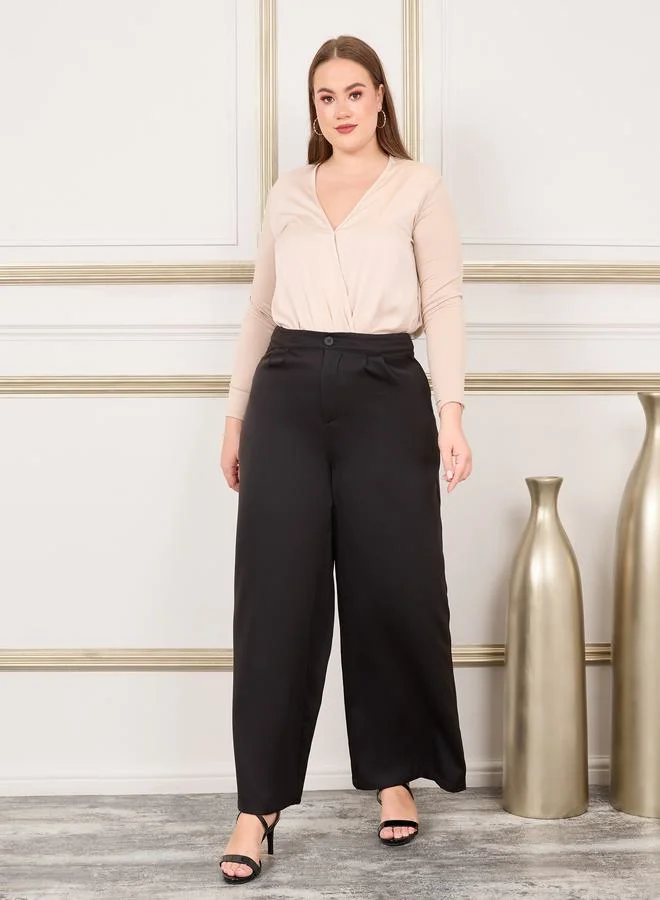 Styli Plus Satin Long Sleeve V Neck Bodysuit