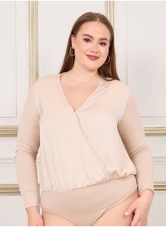 Styli Plus Satin Long Sleeve V Neck Bodysuit  - Image 1