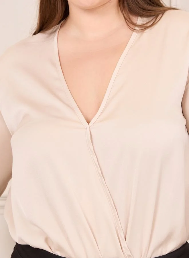 Styli Plus Satin Long Sleeve V Neck Bodysuit