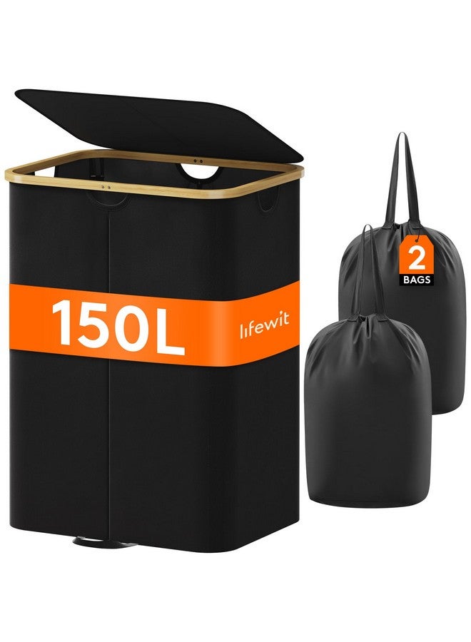 Lifewit Lifewit 150L Double Laundry Hamper with Lid, Large Laundry Basket with Bamboo Handles and Removable Laundry Bags, Foldable Clothes Hampers for Laundry for Bedroom, Bathroom, Dorm, Laundry Room, Black - Image 1