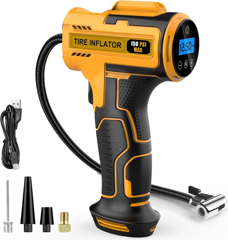 Hjh Portable Cordless Tire Inflator with LED Light - 150 PSI USB Rechargeable Air Compressor for Car, Motorcycle, and Bike - Image 1