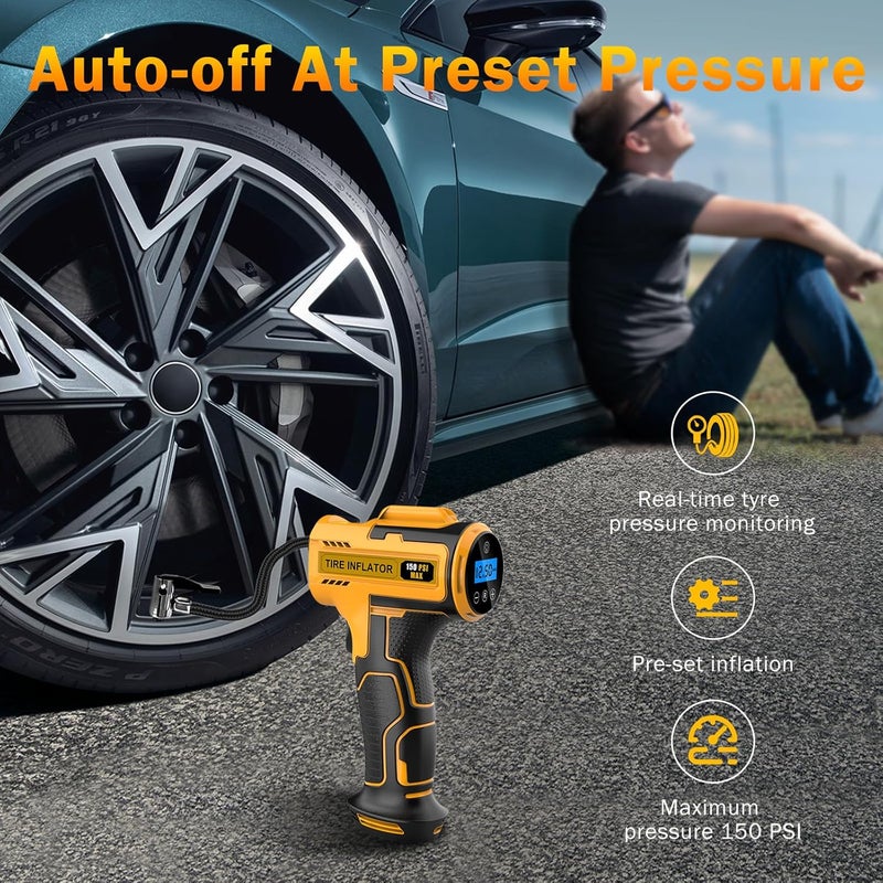Hjh Portable Cordless Tire Inflator with LED Light - 150 PSI USB Rechargeable Air Compressor for Car, Motorcycle, and Bike - Image 2