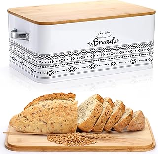 Lyellfe Bread Box for Kitchen Counter, Large White Bread Storage Bin with Handles Cutting Board Lid, Farmhouse Metal - Image 1