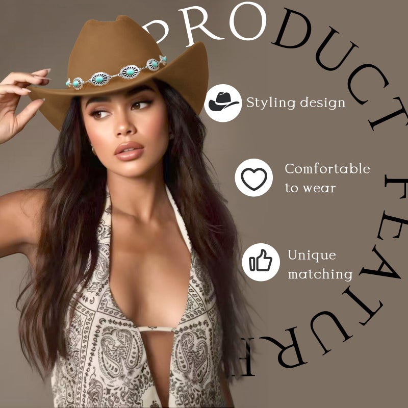 WOKNOW Western Cowboy Hat for Women Men Classic Felt Cowgirl Hat with Turquoise Silver Chain Band Wide Brim, Fits Most Adult Sizes (Brown) - Image 4