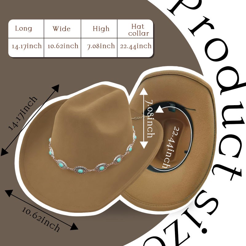 WOKNOW Western Cowboy Hat for Women Men Classic Felt Cowgirl Hat with Turquoise Silver Chain Band Wide Brim, Fits Most Adult Sizes (Brown) - Image 2