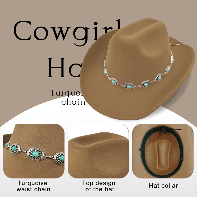 WOKNOW Western Cowboy Hat for Women Men Classic Felt Cowgirl Hat with Turquoise Silver Chain Band Wide Brim, Fits Most Adult Sizes (Brown) - Image 3