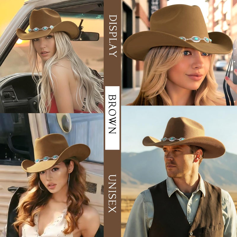 WOKNOW Western Cowboy Hat for Women Men Classic Felt Cowgirl Hat with Turquoise Silver Chain Band Wide Brim, Fits Most Adult Sizes (Brown) - Image 5