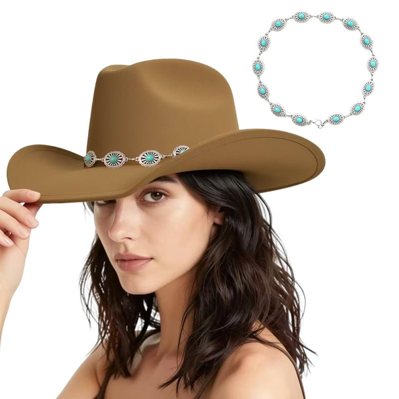 WOKNOW Western Cowboy Hat for Women Men Classic Felt Cowgirl Hat with Turquoise Silver Chain Band Wide Brim, Fits Most Adult Sizes (Brown) - Image 1