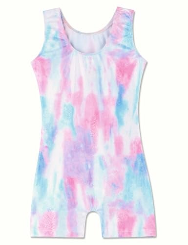 Domusgo Leotard for Girls Gymnastics Size 56 Years Old Glitter White Tie Dye One Piece Biketard with Shorts - Image 3