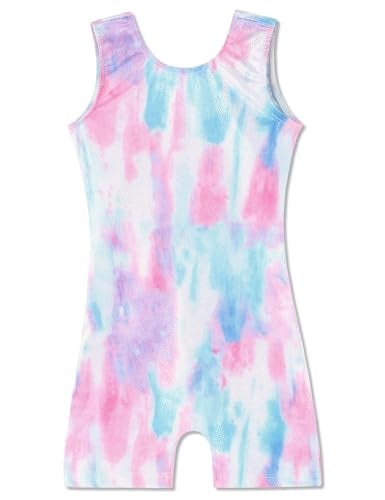 Domusgo Leotard for Girls Gymnastics Size 56 Years Old Glitter White Tie Dye One Piece Biketard with Shorts - Image 1