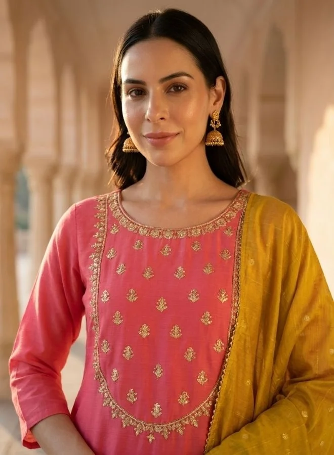 يوريس طقم كورتا مطرز بالخوخ، أكمام ثلاثة أرباع، رقبة مستديرة مطرزة، مستقيم، فتحة جانبية مع دوباتا مطبوعة