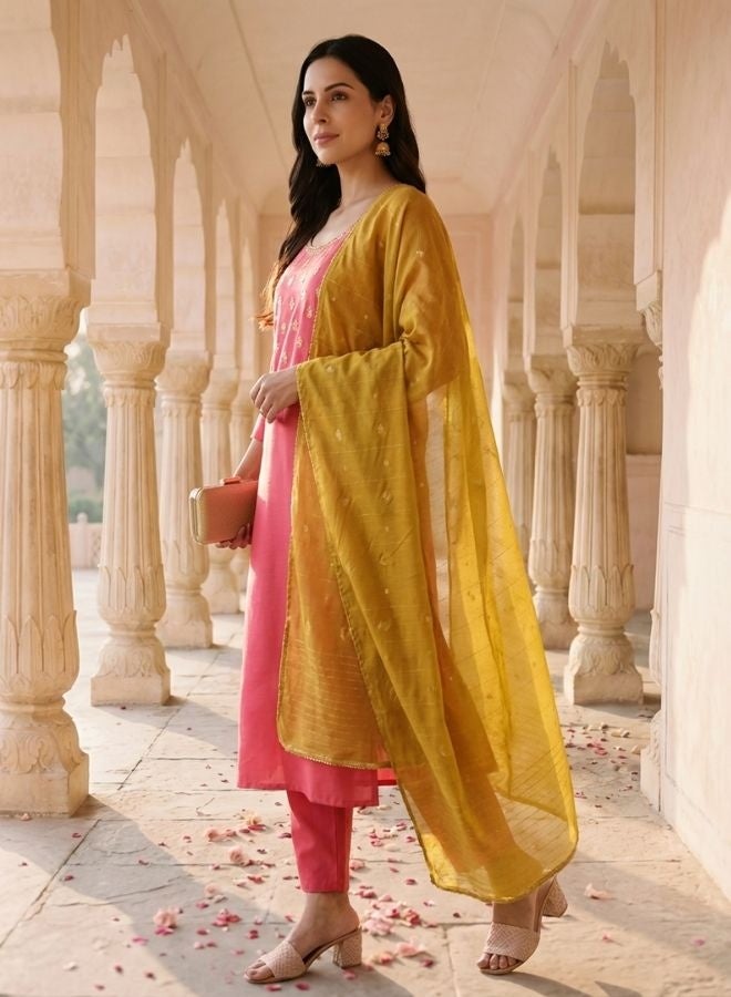 Yuris Peach Embroidered, Three Quarter Sleeve, Round Embroidered Neck, Straight Kurta Set, Side Slit with Printed Dupatta - Image 3