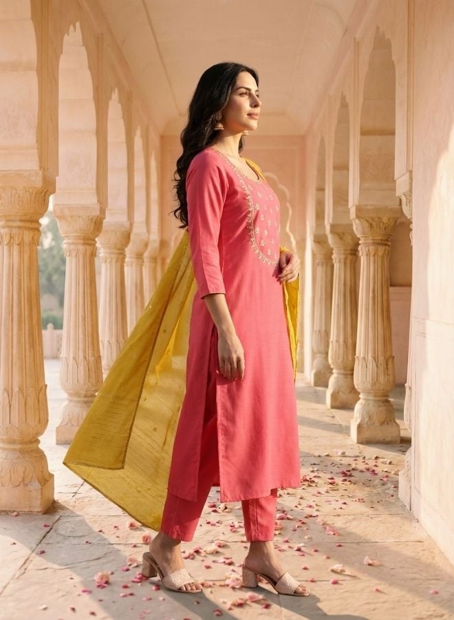 Yuris Peach Embroidered, Three Quarter Sleeve, Round Embroidered Neck, Straight Kurta Set, Side Slit with Printed Dupatta - Image 4